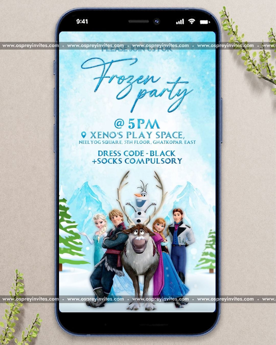 Magical Frozen themed birthday video invitation featuring Elsa and Anna with enchanting snowflake animations and winter wonderland visuals