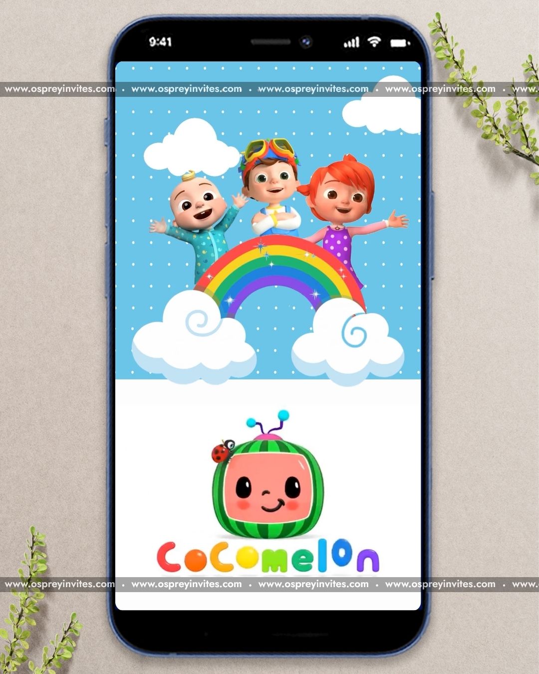 Bright Cocomelon character illustrations and a watermelon logo for a personalized birthday video invitation