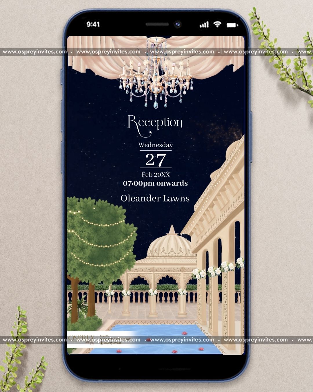 Royal palace themed wedding PDF invitation with sandstone tones, fountains and traditional Rajasthani art elements