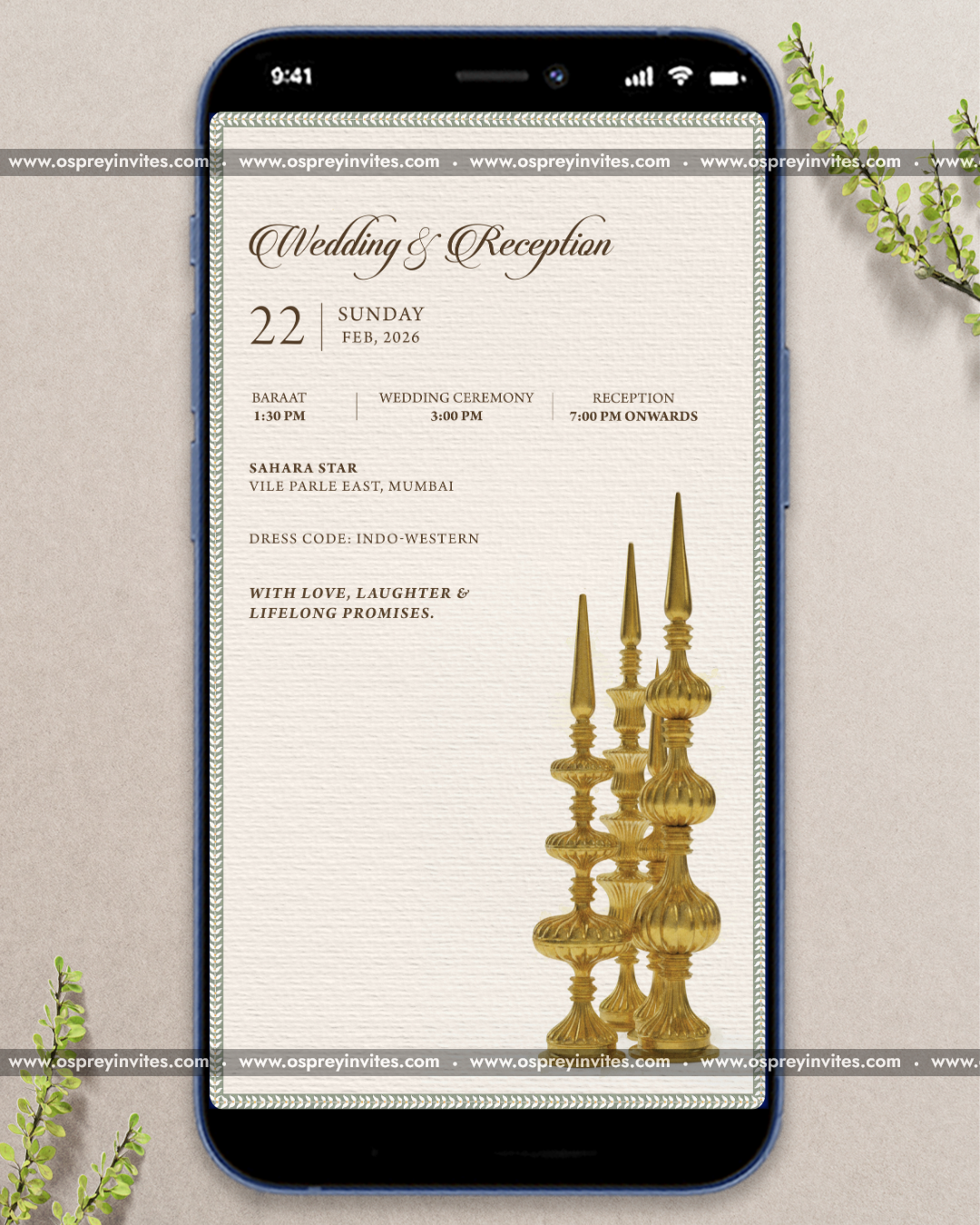 Trending ivory palace botanical wedding PDF invitation with green florals, soft tones and editorial styling
