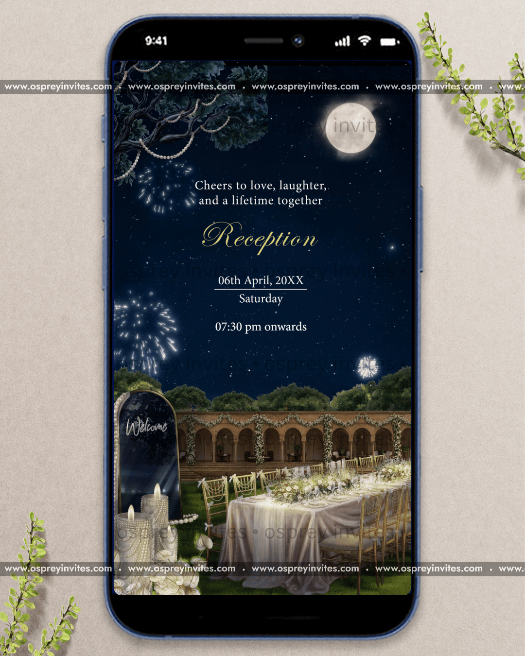 Heritage palace wedding PDF invitation spread with illustrated structures, floral accents and refined ceremony layout
