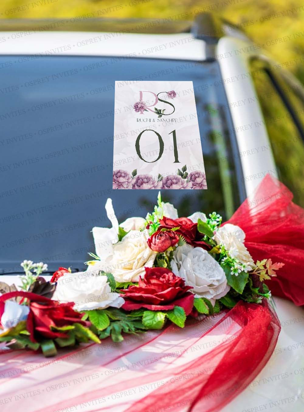 Car Decoration sticker to use in Indian weddings with royal and floral design, easy to peel car stickers customised with couple's wedding logo or bride and groom wedding logo.