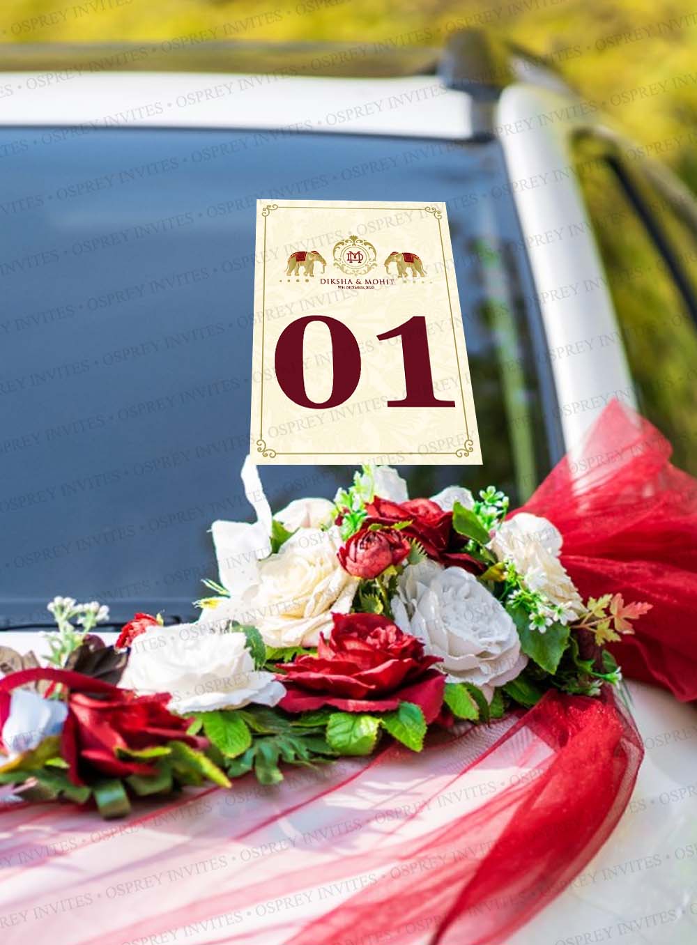 Maroon and gold car stickers for wedding, customise these car stickers with bride and groom initials or wedding logo, this car stickers design features numbers for each wedding car.