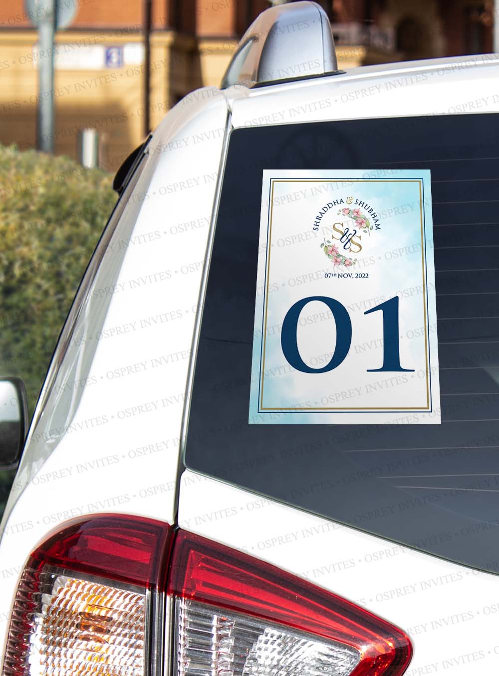 Car Stickers design with hues of blue with customised wedding logo or wedding monogram must have item in your wedding stationery list for Indian weddings