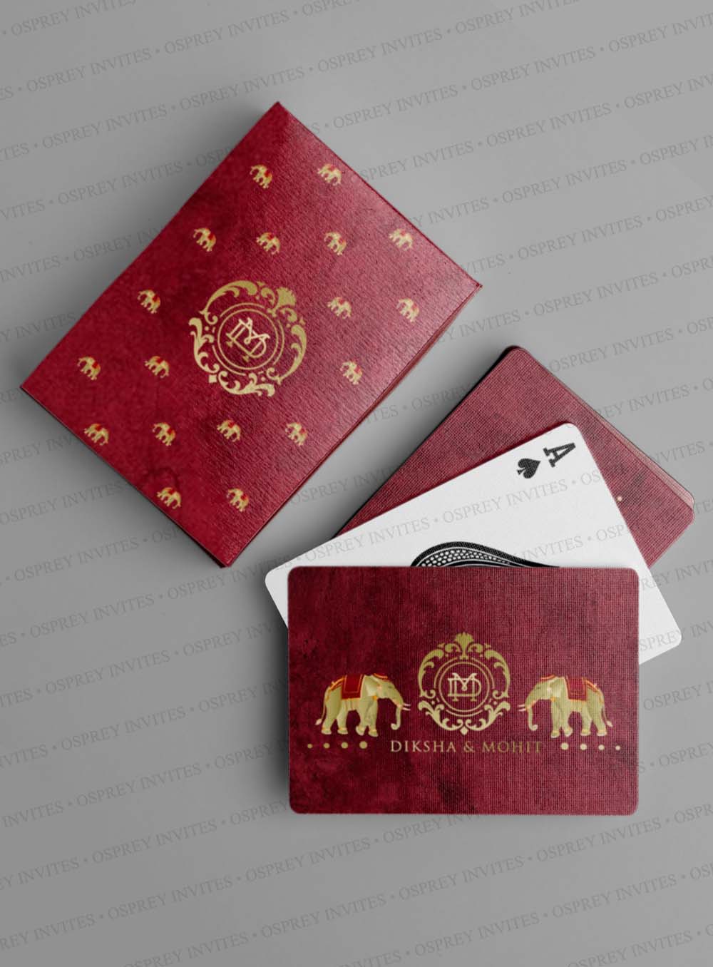Part of our custom wedding stationery, these ever stylish maroon and gold wedding playing cards with premium qulaity non-tearable playing cards.