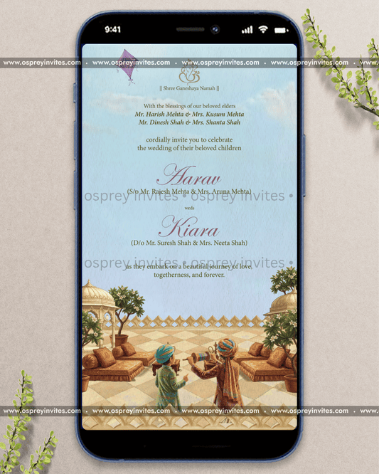 Illustrated palace themed wedding PDF invitation with grand architecture, lush florals and ceremony detailing