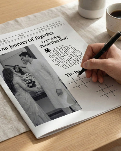 Classic wedding newspaper invite layout with traditional masthead, headline storytelling and personalised ceremony itinerary