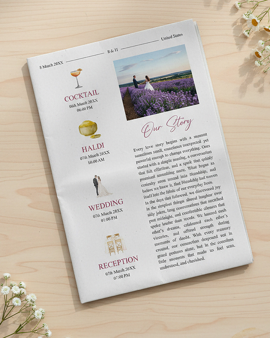 Magazine wedding invitation page featuring love story features, interactive games and personalised ceremony itinerary detailing