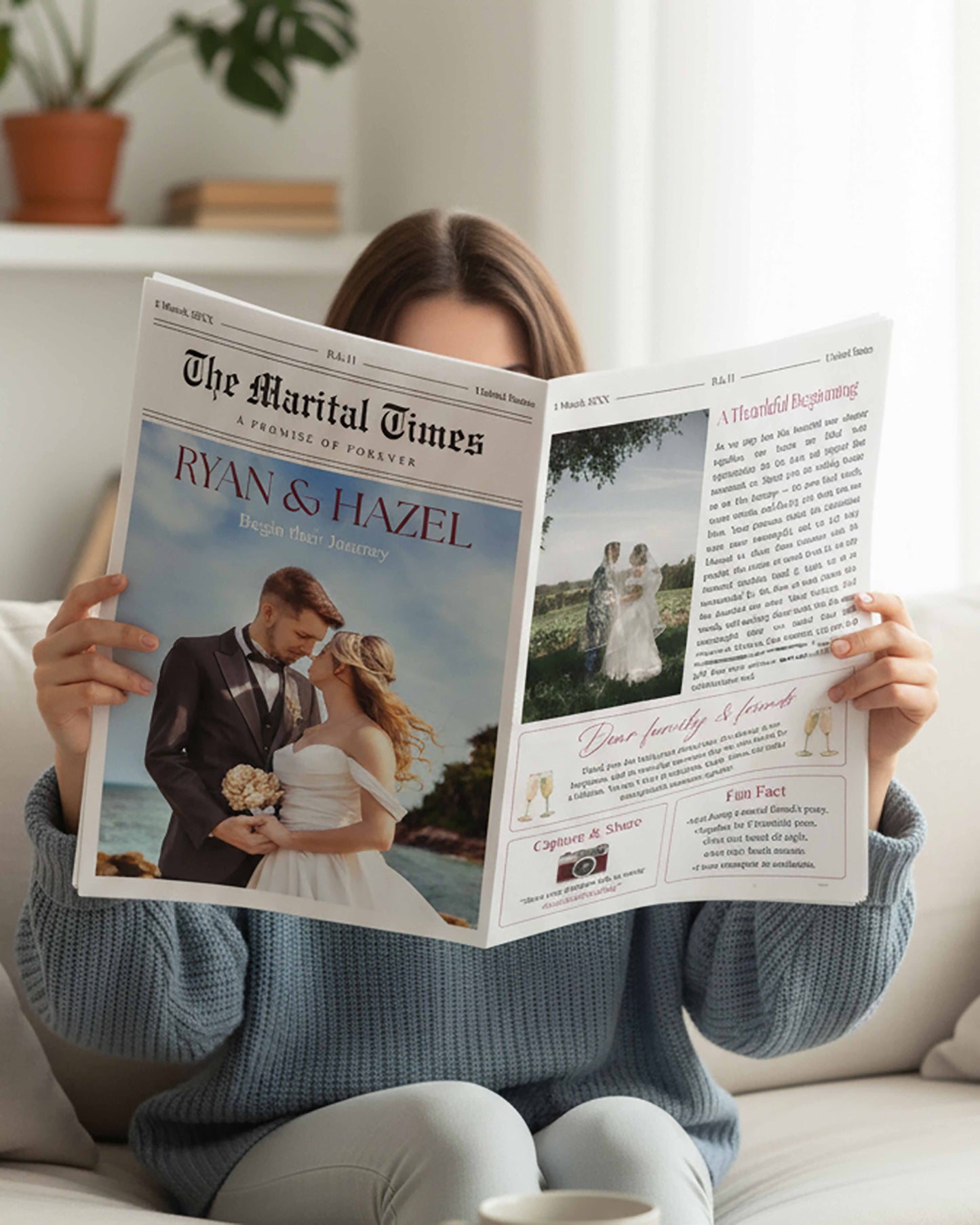 Marital Times magazine style wedding invitation cover with feature headlines, illustrated couple and editorial styling