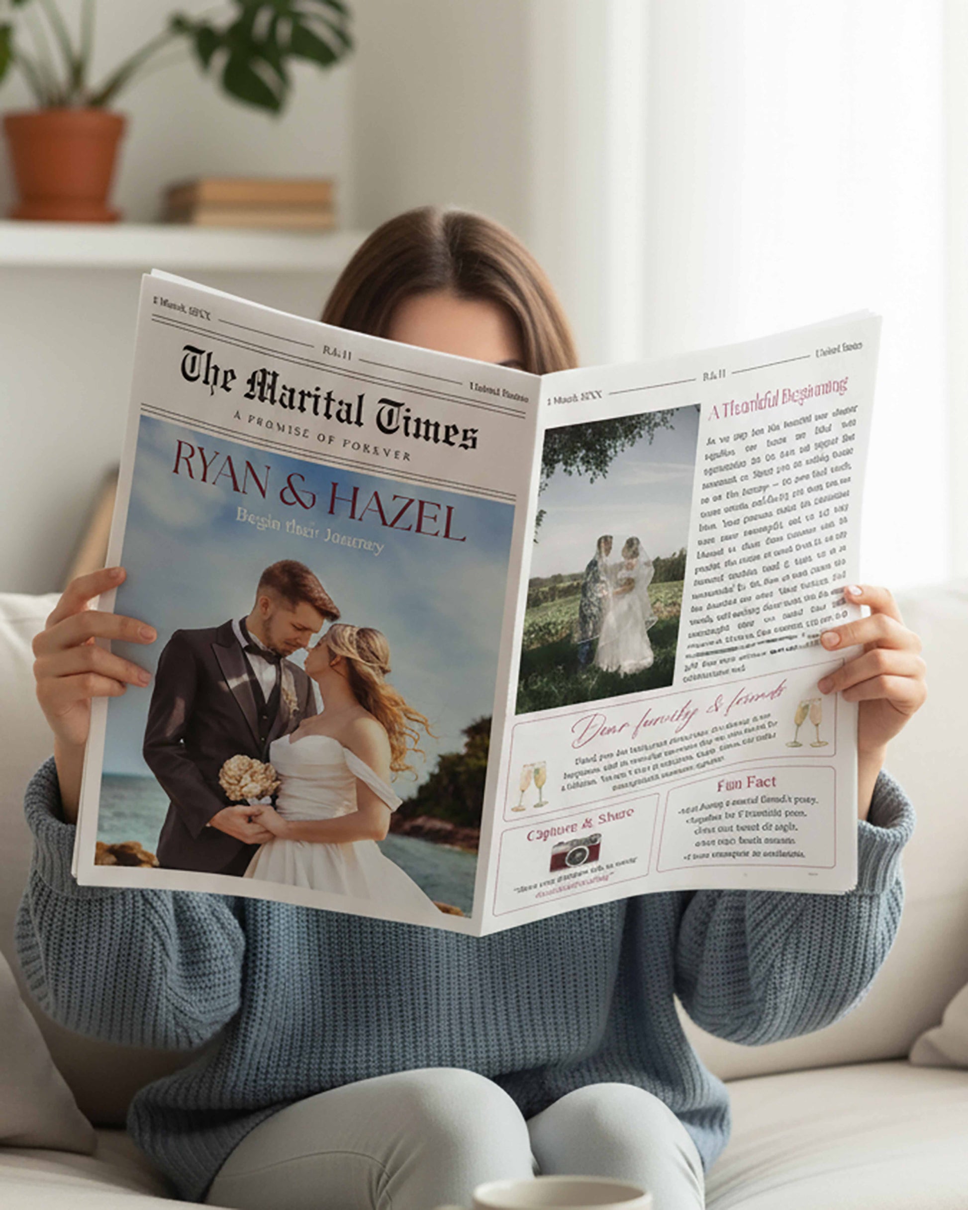 Marital Times magazine style wedding invitation cover with feature headlines, illustrated couple and editorial styling