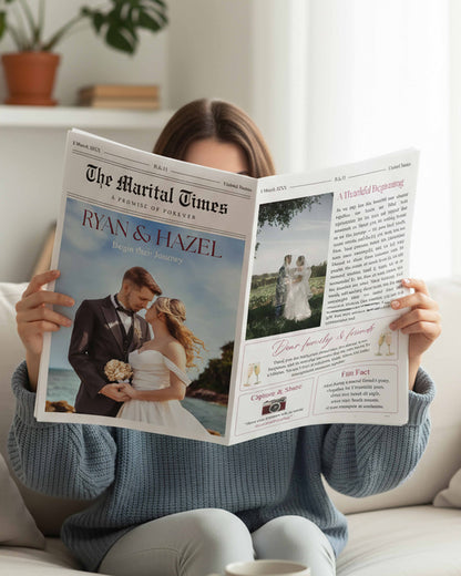 Marital Times magazine style wedding invitation cover with feature headlines, illustrated couple and editorial styling