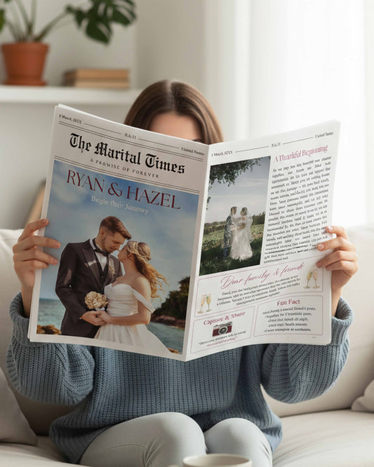 Marital Times magazine style wedding invitation cover with feature headlines, illustrated couple and editorial styling