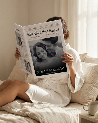 Editorial wedding newspaper invitation page featuring black-and-white columns, headline announcement and bespoke love features