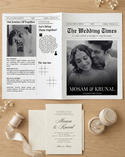 Classic edition wedding newspaper invite spread with vintage masthead, illustrated portraits and personalised event schedule