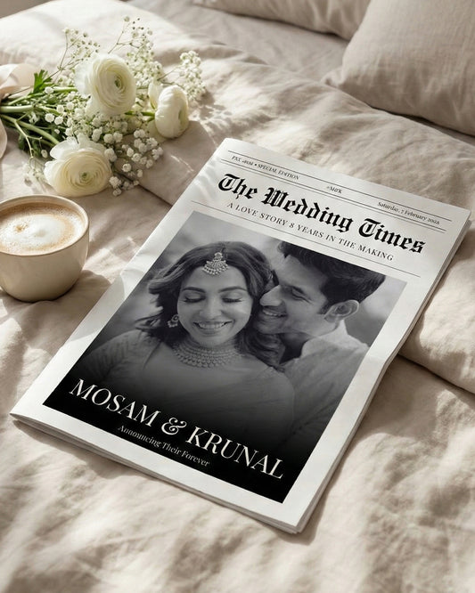 Wedding Times classic newspaper invitation spread with editorial headlines and personalised love story columns
