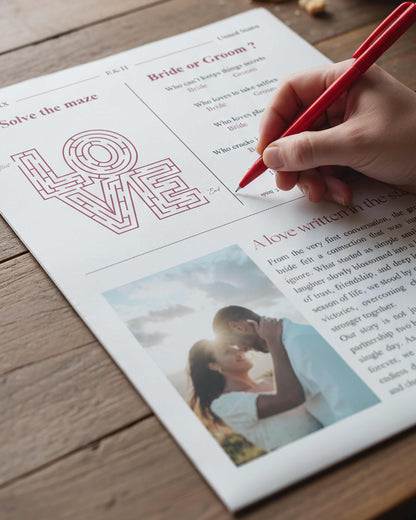 Editorial wedding magazine invitation page with feature spreads, ceremony detailing and personalised love story columns