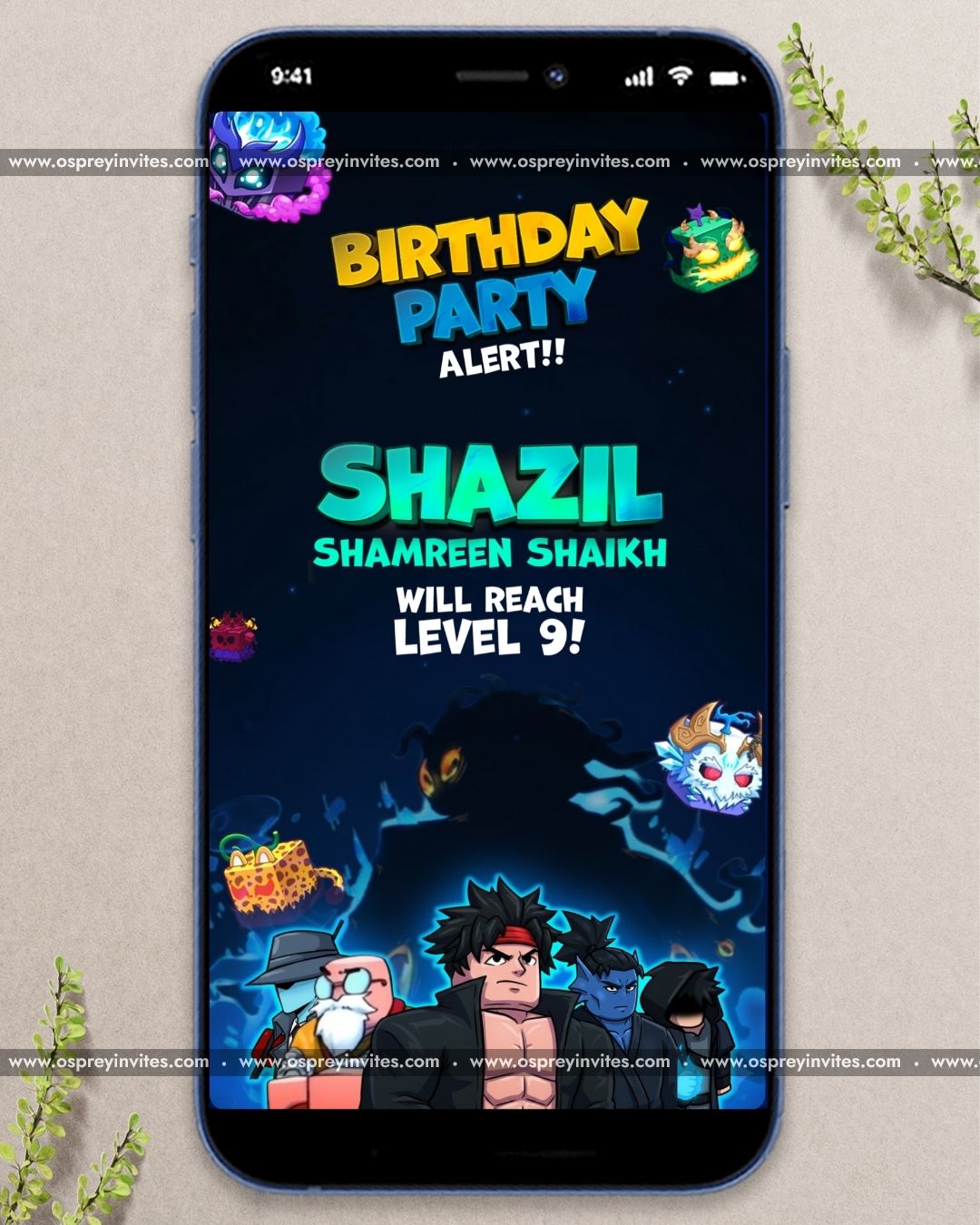 Playful Roblox themed birthday video invitation with vibrant gaming visuals and animated character details