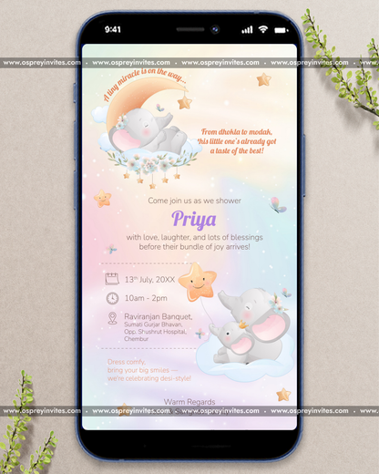 Adorable elephant themed baby shower video invitation with cheerful animation, soft pastels and nursery styling
