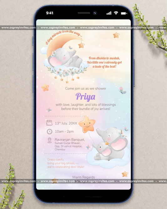 Adorable elephant themed baby shower video invitation with cheerful animation, soft pastels and nursery styling