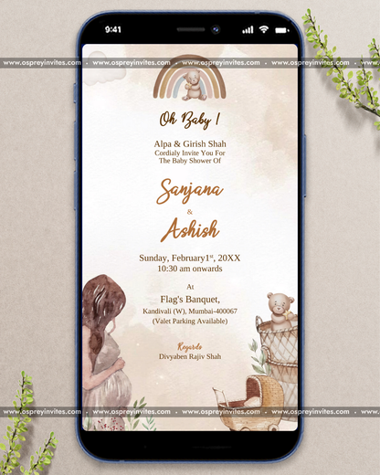Cute bear themed baby shower video invitation with playful animation, woodland palette and nursery charm