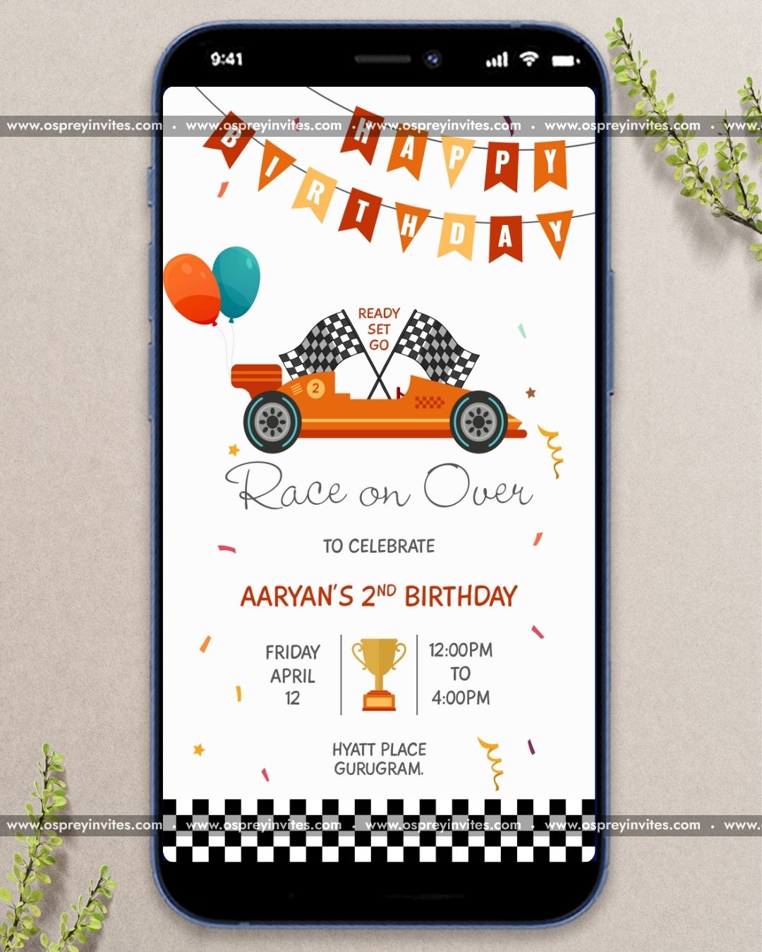 Exciting race car themed birthday video invitation with vibrant automotive illustrations and personalized party details