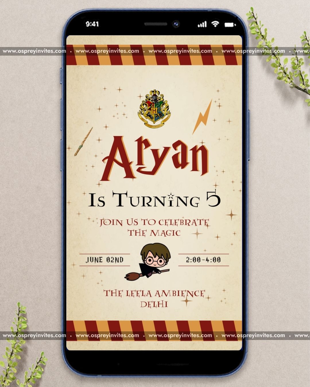 Magical Harry Potter themed illustration with a golden snitch and wizardry elements for a personalized birthday video invitation