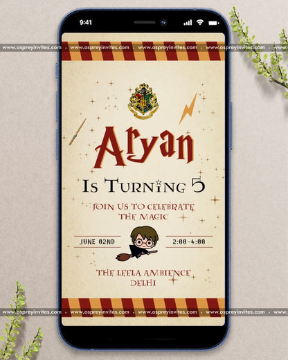 Magical Harry Potter themed illustration with a golden snitch and wizardry elements for a personalized birthday video invitation