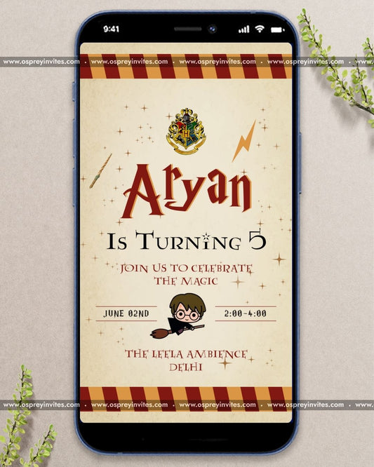 Magical Harry Potter themed illustration with a golden snitch and wizardry elements for a personalized birthday video invitation