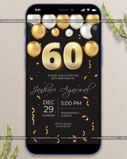 Elegant black and gold themed design for a personalized 60th birthday video invitation