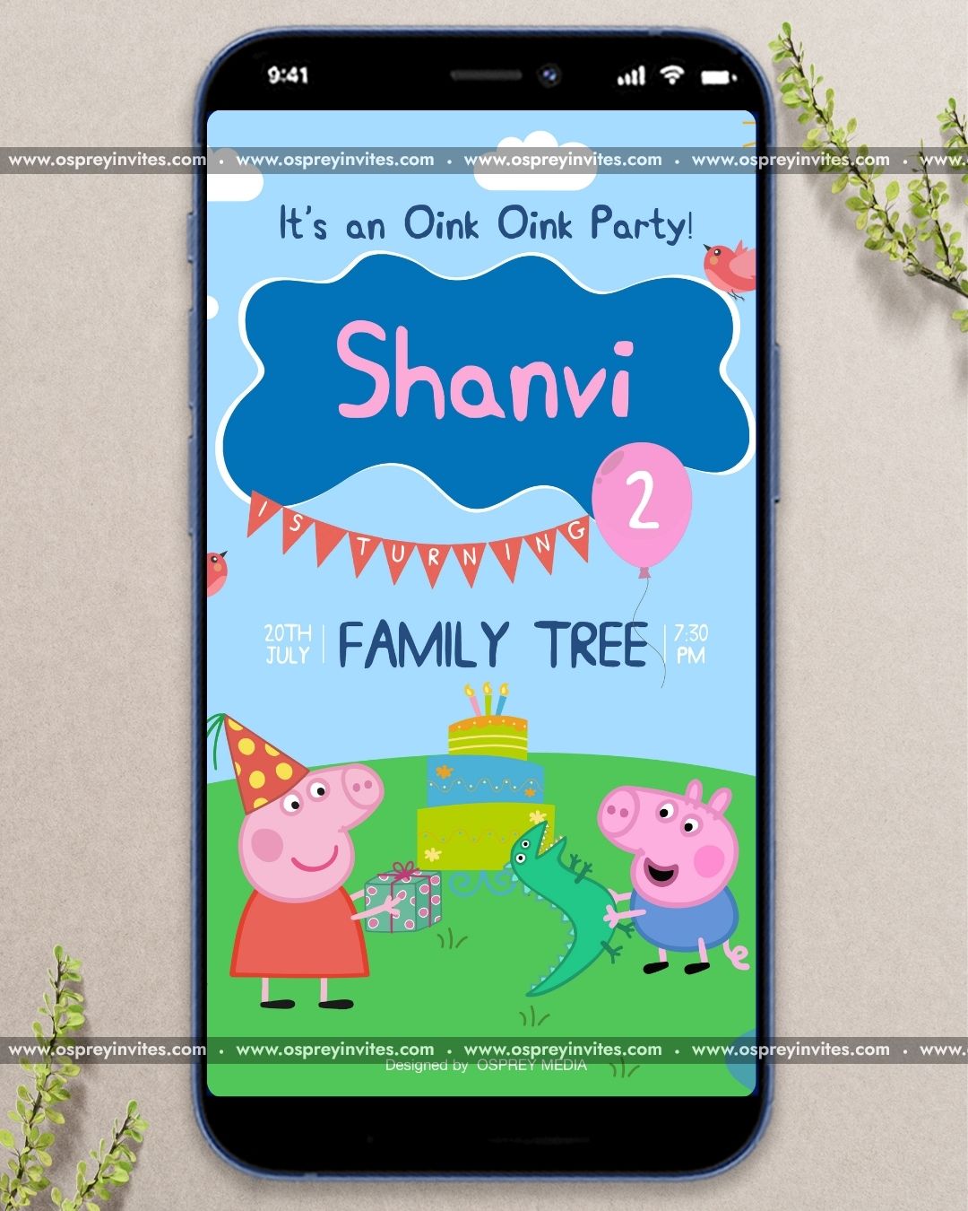 Cheerful Peppa Pig cartoon illustration for a personalized birthday video invitation