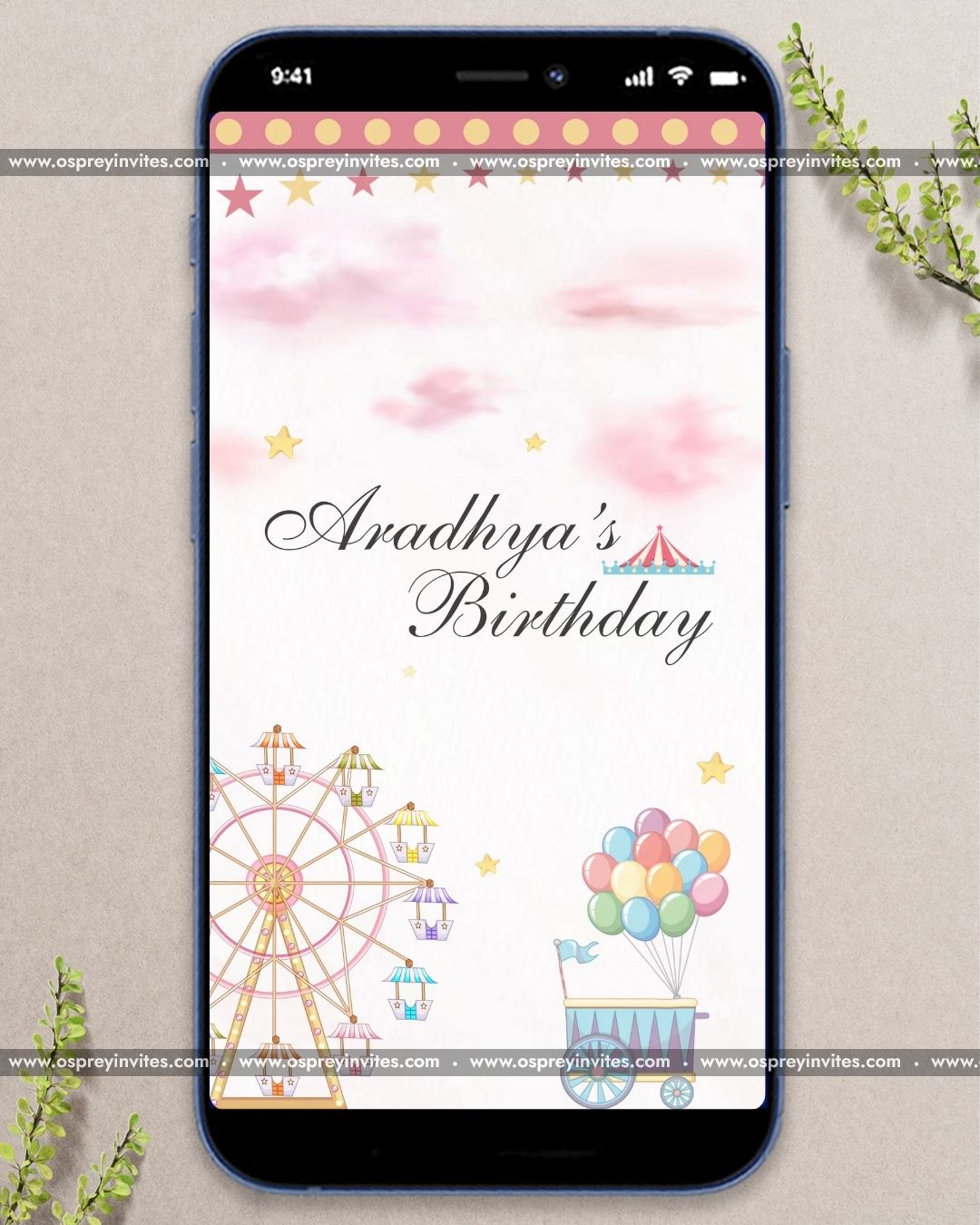 Vibrant carnival-themed illustration with a circus tent and balloons for a personalized birthday video invitation