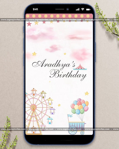 Vibrant carnival-themed illustration with a circus tent and balloons for a personalized birthday video invitation