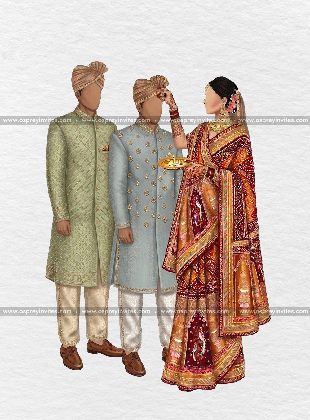 Hand-illustrated wedding couple caricature with charming expressions and personalised romantic portrait styling