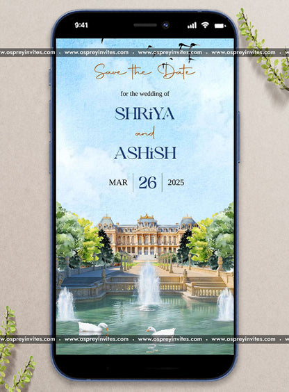Regal palace-themed save the date video invitation featuring elegant architectural details and royal motifs