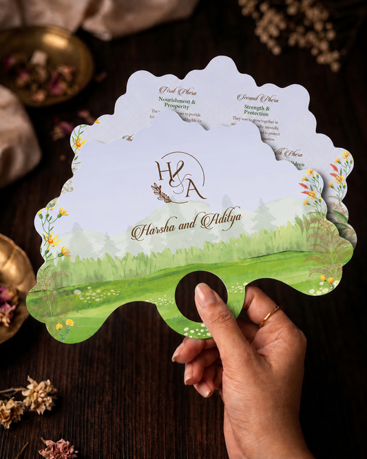 Mountain Meadow | Ceremony Phera Fan | Personalised Indian Wedding Ritual Card