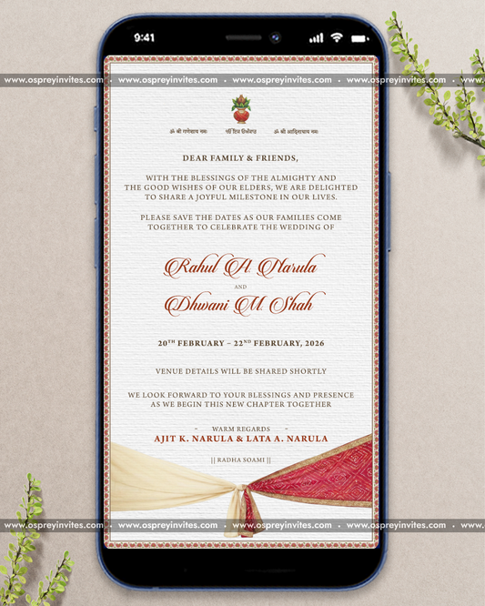 Classic Shubh Vivaah save the date PDF invitation with traditional Indian motifs and festive palette
