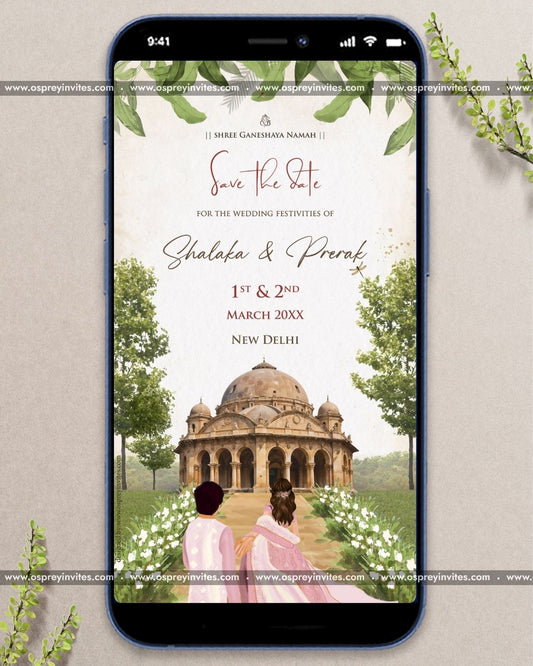 Heritage romance save the date video invitation with animated illustrated couple beside Delhi style monument