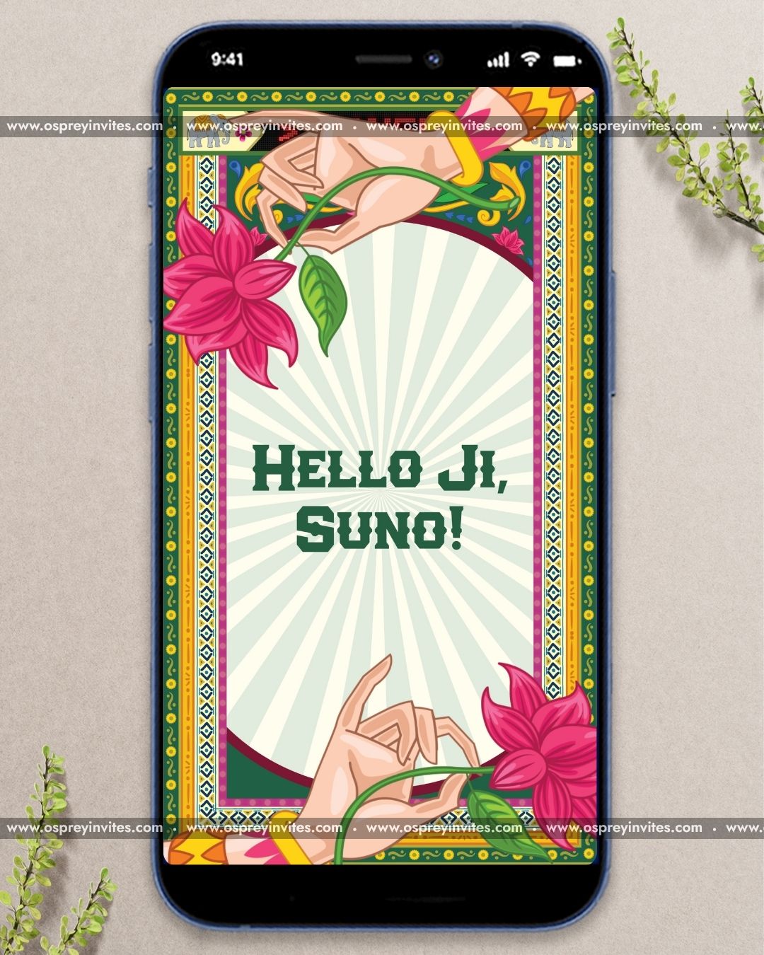Bold Bollywood style save the date video invitation with bazaar bright artwork and Hinglish lines