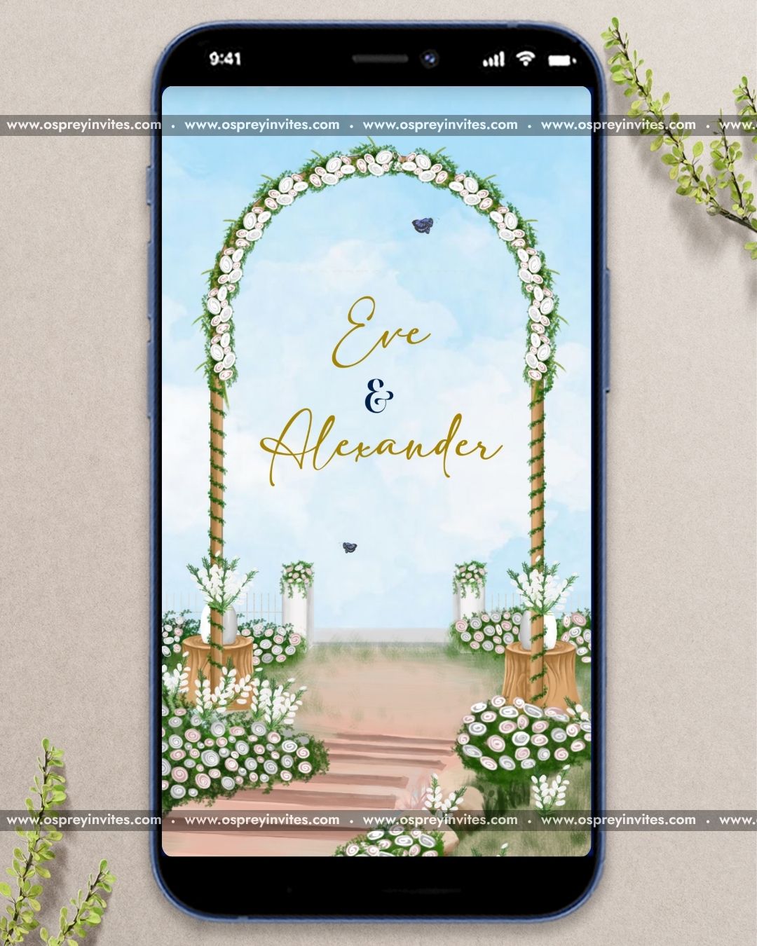 Pastel Christian wedding PDF invitation page with illustrated florals, garden motifs and serene editorial layout