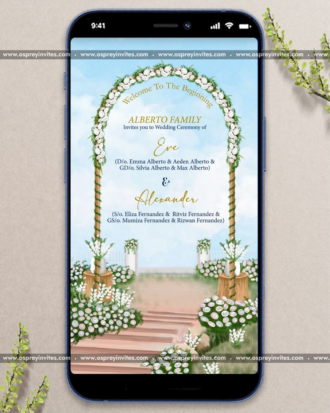 Elegant Christian wedding PDF invitation with romantic garden arch, soft florals and pastel typography