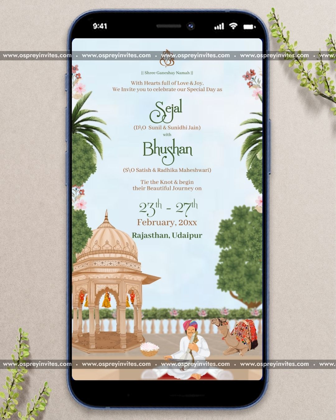 Royal Rajasthani wedding PDF invite page featuring illustrated palace, ornate borders and rich heritage styling