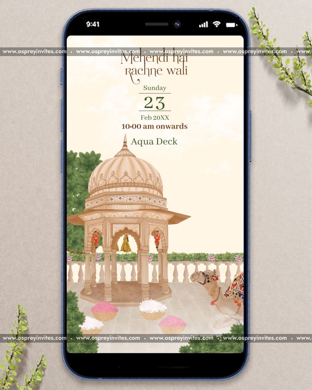 Rajasthani palace themed wedding PDF spread with sandstone illustrations, traditional fonts and ceremony detailing