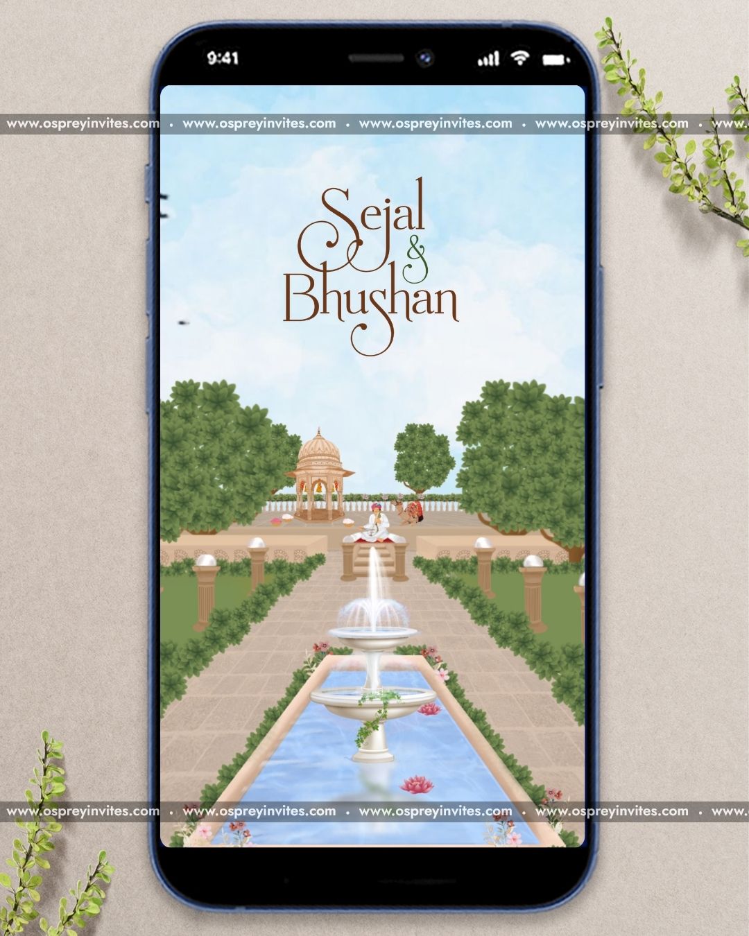 Udaipur palace inspired royal Rajasthani wedding PDF invitation with sandstone arches, fountains and motifs