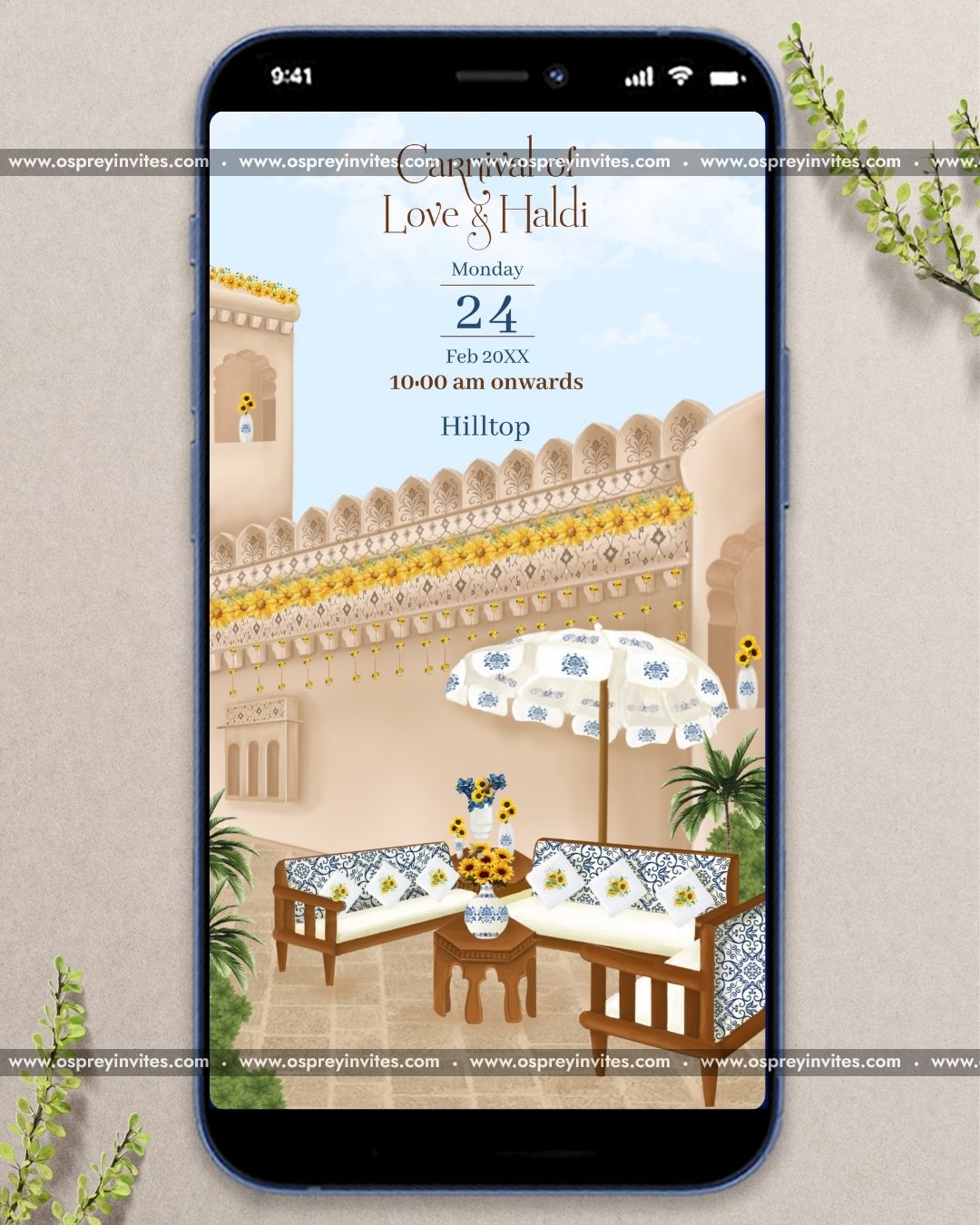 Heritage Rajasthani wedding PDF invitation page with intricate Indian motifs, palace silhouette and elegant typography