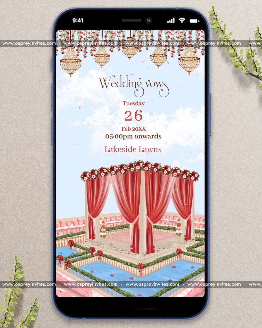 Rajasthani wedding PDF stationery page with rich heritage palette, illustrated palace and traditional border detailing