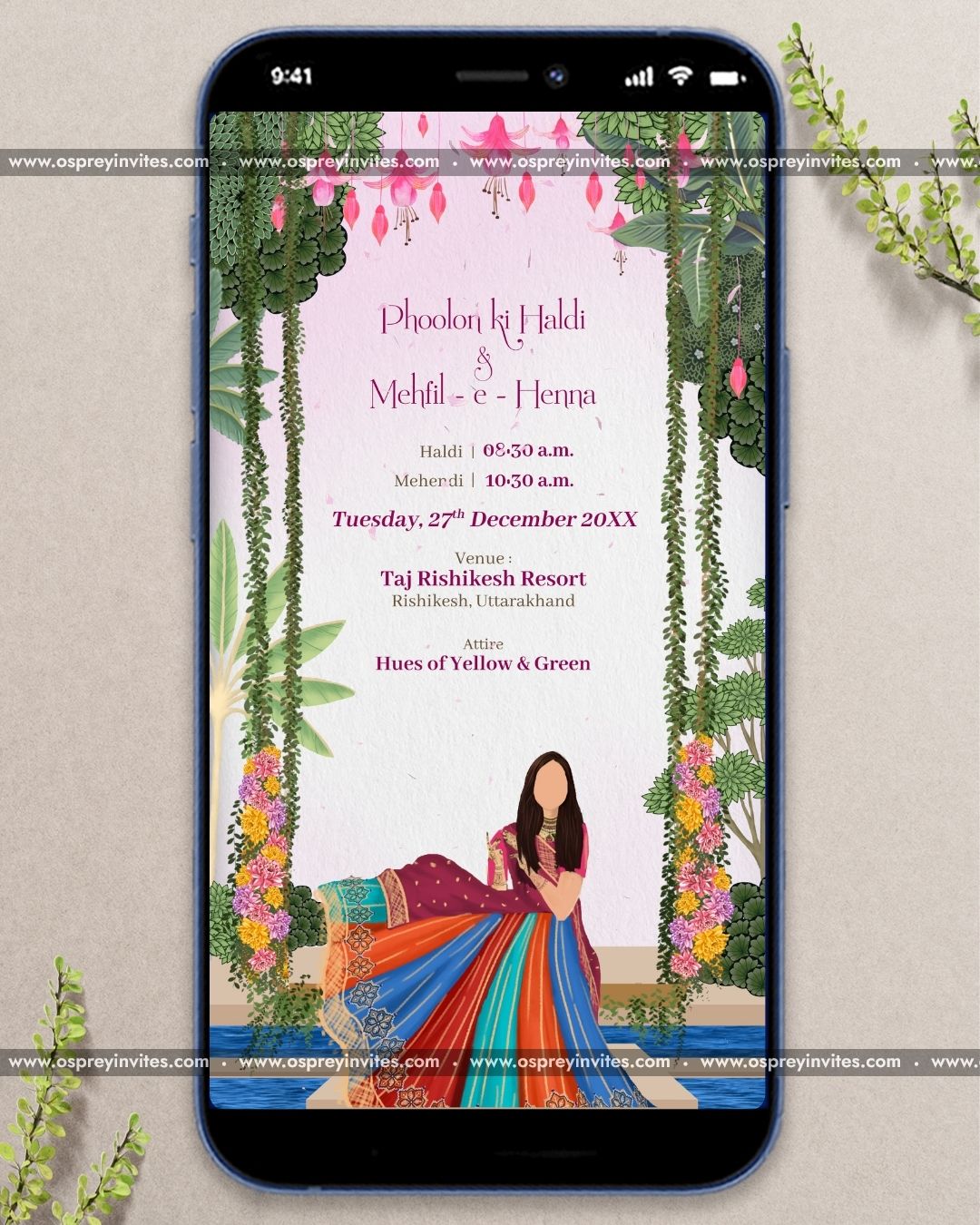 Modern luxury Indian wedding PDF stationery spread with rich palette, gold flourishes and ceremony detail