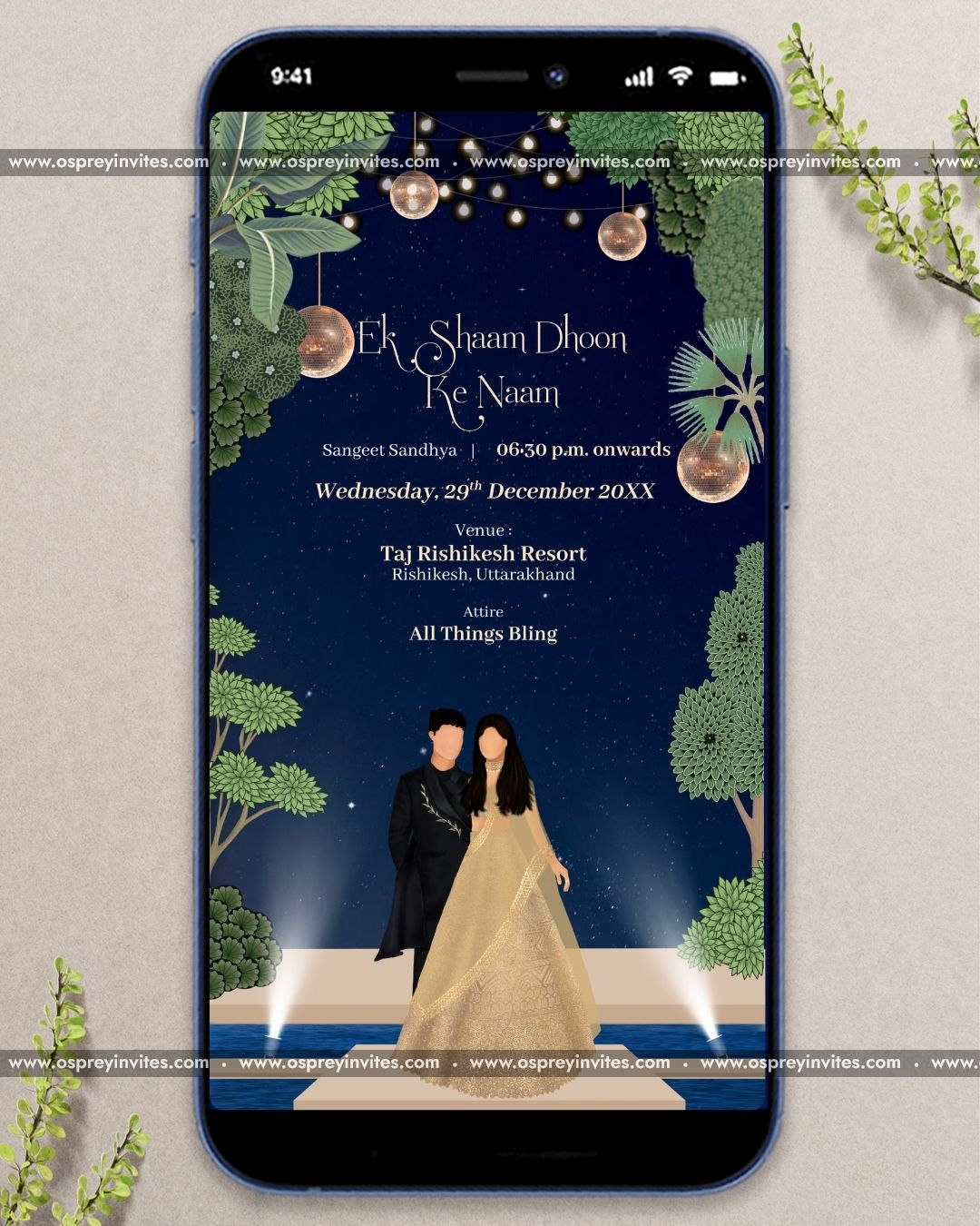 Sophisticated Indian wedding PDF invite layout with floral motifs, ornate frames and refined editorial typography