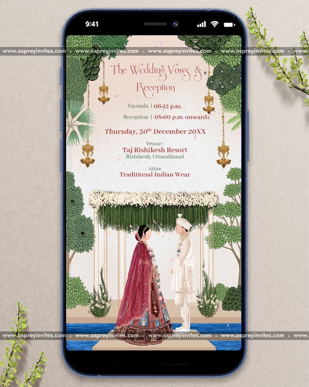 Luxury wedding PDF invitation page with gold detailing, floral illustrations and personalised ceremony schedule layout