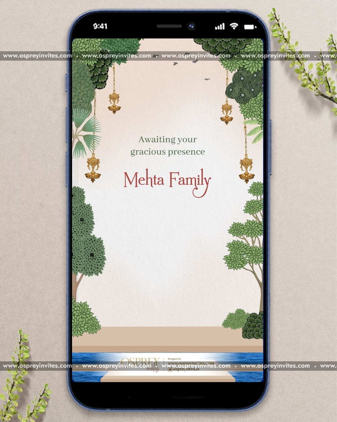 Elegant Indian wedding PDF invite design featuring gold accents, floral framing and contemporary luxe styling