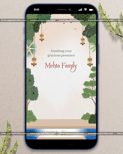 Elegant Indian wedding PDF invite design featuring gold accents, floral framing and contemporary luxe styling